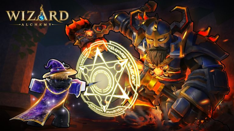 Wizard Alchemy official Roblox thumbnail showing a spell clash with an armored boss