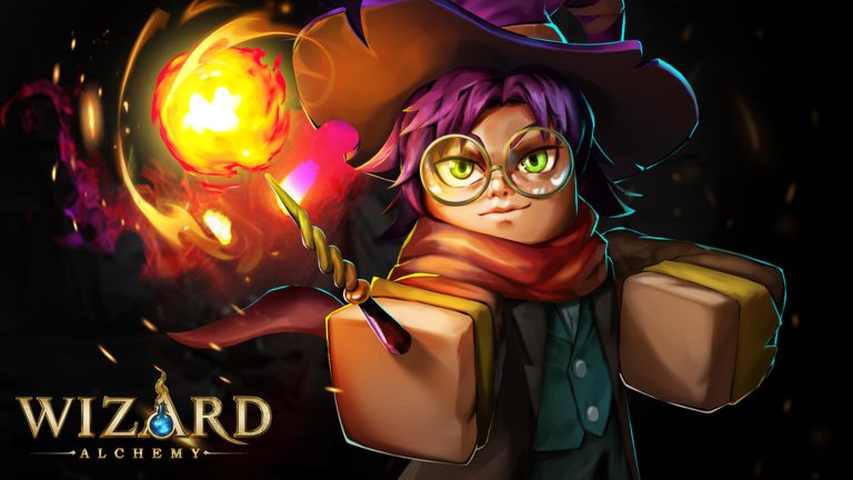 Wizard Alchemy official Roblox thumbnail showing a wizard character casting a fire spell