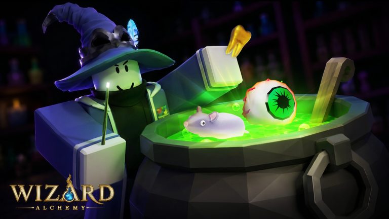 Wizard Alchemy official Roblox thumbnail showing a cauldron brewing scene