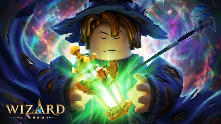 Wizard Alchemy official Roblox thumbnail showing a character holding a glowing potion bottle and staff