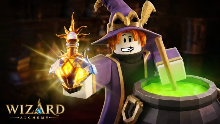 Wizard Alchemy official Roblox thumbnail showing a wizard with a wand and cauldron